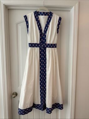 TCEC White Midi Dress with Navy Trim and Pattern